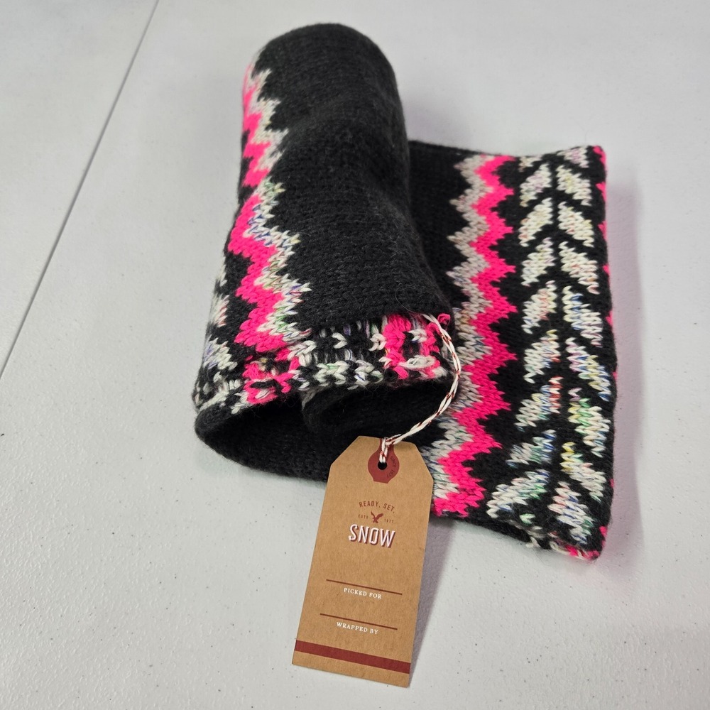 American Eagle Women Scarf One Size Black Pink Chevron‎ Wool Blend Snow Knit NWT